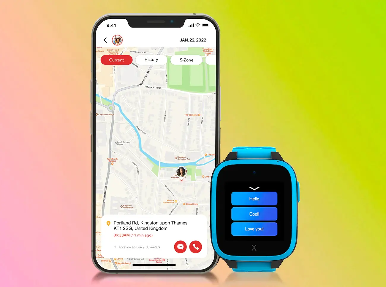 A smartphone displaying a map with a location pin next to a blue smartwatch showing options: Hello, Cool, and Jump! on a colorful gradient background.