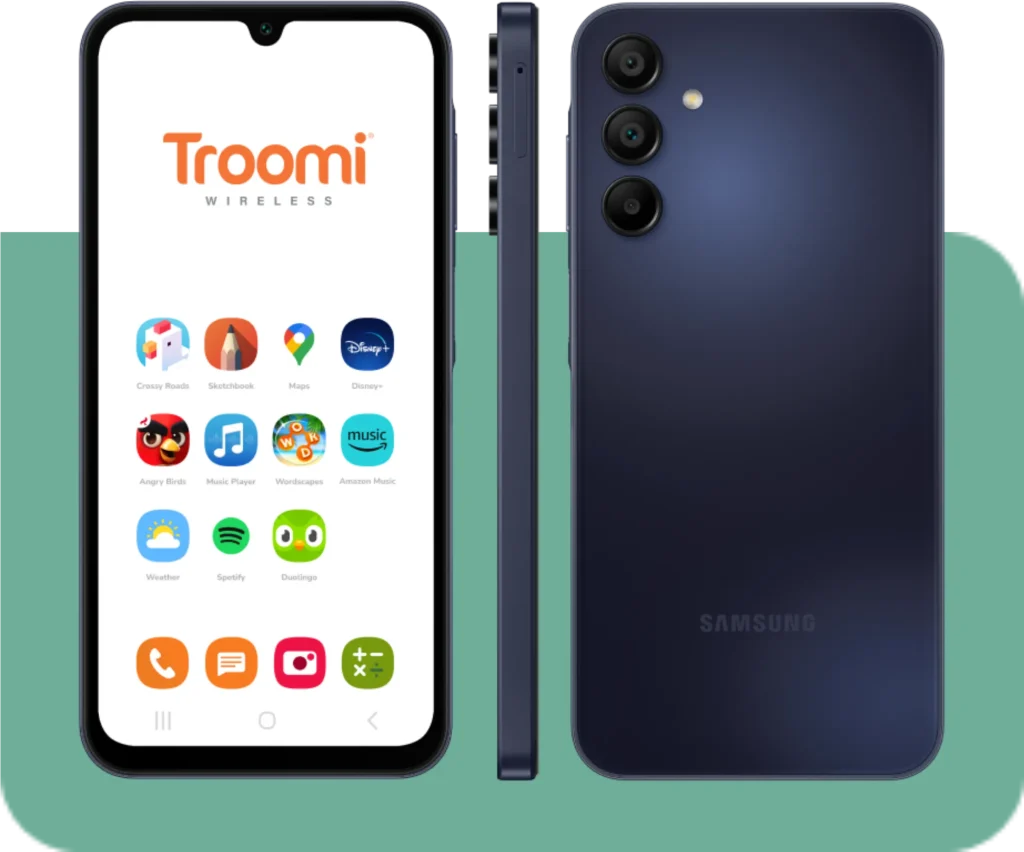 Front and back view of a Samsung smartphone. The home screen displays various app icons, including music, games, and social media. The back has three cameras. The phone is dark blue with Troomi Wireless on the screen.