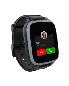 Smartwatch displaying an incoming call from Mum with green answer and red decline buttons on the screen. The device has a black band and a simple, modern design.