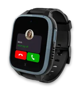 A smartwatch displaying an incoming call from Mom on the screen. The watch has a dark band and features green and red buttons for accepting or rejecting the call.