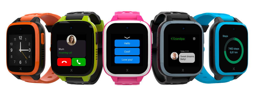 Five smartwatches in various colors (orange, green, pink, black, and blue) display different screens, including a clock, incoming call, text messages, a calendar event, and step tracking information.