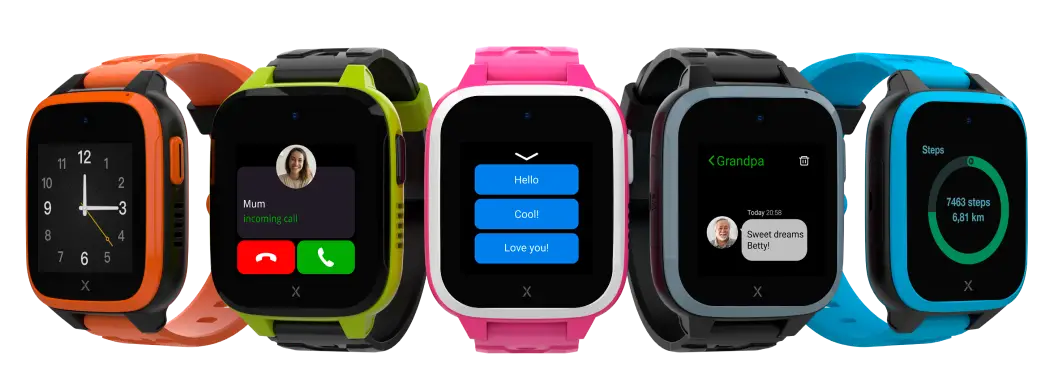 Five smartwatches in various colors (orange, green, pink, black, and blue) display different screens, including a clock, incoming call, text messages, a calendar event, and step tracking information.