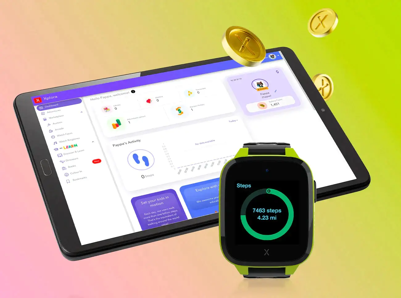 A tablet displaying a fitness and rewards app interface is shown alongside a smartwatch showing 7,463 steps and 4.23 miles. Gold coins appear to be floating around the devices against a gradient background.