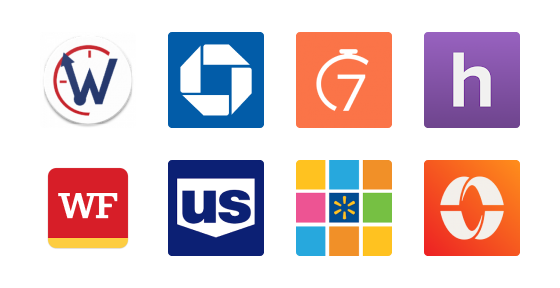 A grid of eight company logos. The logos are in different colors: red, blue, orange, purple, and multicolored. Each logo features unique shapes and letters representing their respective brands.