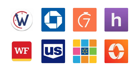 A grid of eight company logos. The logos are in different colors: red, blue, orange, purple, and multicolored. Each logo features unique shapes and letters representing their respective brands.