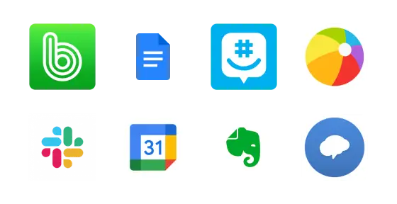 A grid of eight app icons: green b, blue document, chat bubble with hashtag, colorful ball, Slack logo, Google Calendar, Evernote elephant, and a cloud.