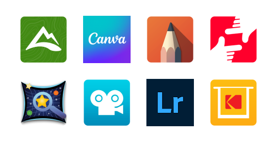 A grid of eight app icons, including a mountain range on green, Canva text, a pencil drawing, two red hands framing, a circular space design, a film camera, an Lr logo, and a stylized frame with Kodak branding.