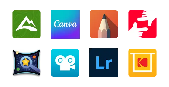 A grid of eight app icons, including a mountain range on green, Canva text, a pencil drawing, two red hands framing, a circular space design, a film camera, an Lr logo, and a stylized frame with Kodak branding.