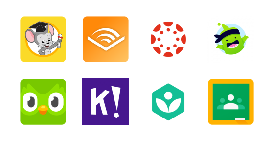 A grid of eight educational app icons: an animated mouse in a cap, an orange audio wave, a red circle with rings, a green cartoon character, a green owl, a purple K!, a teal hexagon with a white figure, and a green chalkboard.