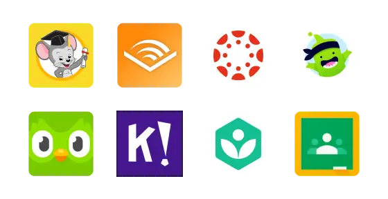 A grid of eight educational app icons: an animated mouse in a cap, an orange audio wave, a red circle with rings, a green cartoon character, a green owl, a purple K!, a teal hexagon with a white figure, and a green chalkboard.