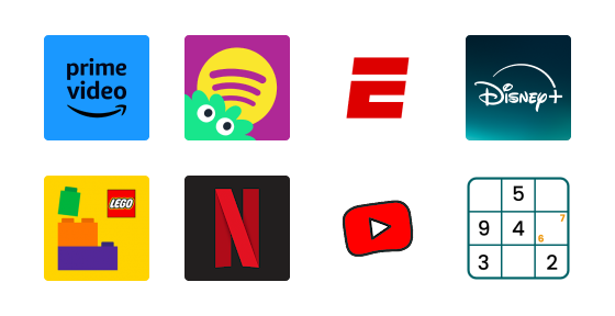 A grid of eight app icons, including Prime Video, Spotify, ESPN, Disney+, LEGO, Netflix, YouTube, and a Sudoku puzzle.