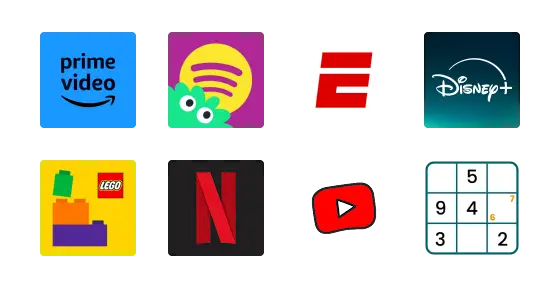 A grid of eight app icons, including Prime Video, Spotify, ESPN, Disney+, LEGO, Netflix, YouTube, and a Sudoku puzzle.