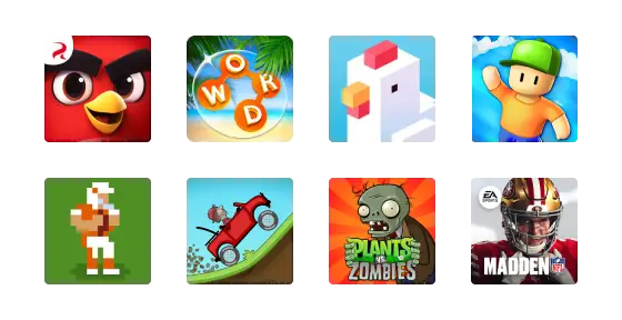 A grid of eight game icons, including a red bird, word puzzle, cube character, colorful character, pixelated athlete, hill climbing car, zombie, and football player. Each icon represents a different game type or theme.