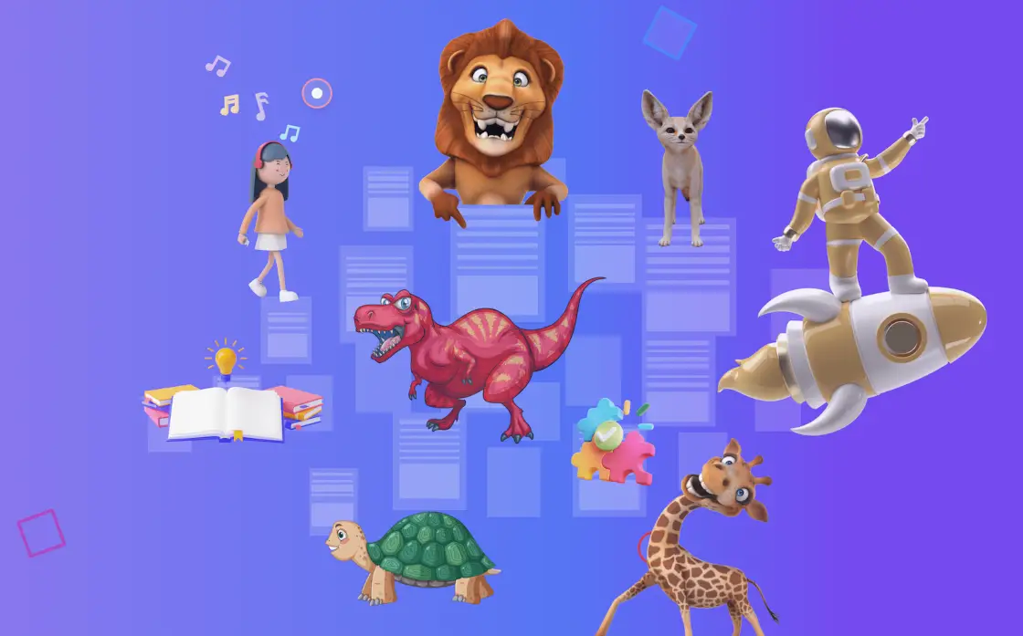 A colorful collage on a blue gradient background featuring a girl, a lion, a fennec fox, a musician astronaut on a rocket, a red dinosaur, a turtle, a giraffe, and an open book with a lightbulb idea icon.