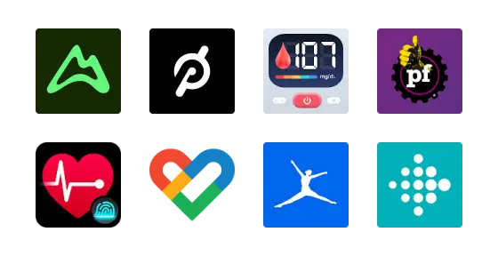 A collection of eight fitness and health app logos: AllTrails, Peloton, blood glucose monitor, Planet Fitness, Cardiogram, Google Fit, MyFitnessPal, and Fitbit. Each logo represents a unique app related to health or exercise.