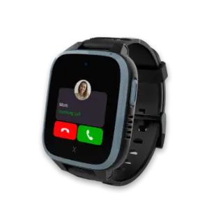 A smartwatch displaying an incoming call from Mom. The watch has a rectangular screen with black bands and shows green and red buttons for answering or rejecting the call.