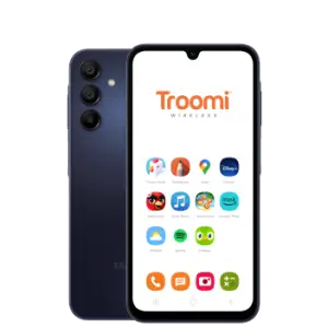 A dark blue smartphone displaying the Troomi Wireless logo on the screen. Below the logo are several app icons, including Disney+, Spotify, and messages. Another phone is shown from the back, highlighting its three rear cameras.