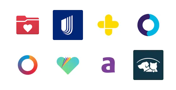 A grid of eight app icons, including a red folder with a heart, a blue square with a white U, a yellow plus sign, interlocking circles in purple and blue, a multicolored circle, a heart with pages, a purple a, and two animals under an arch.