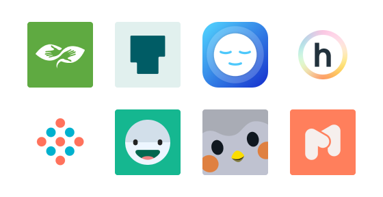 A grid of eight app icons with diverse designs and colors, including nature elements, abstract faces, geometric shapes, and circular patterns. Each icon has its own unique design and background color, such as green, blue, and gray.