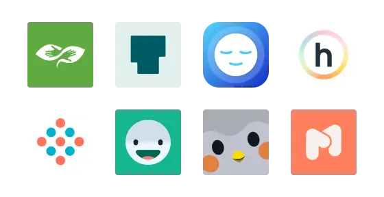 A grid of eight app icons with diverse designs and colors, including nature elements, abstract faces, geometric shapes, and circular patterns. Each icon has its own unique design and background color, such as green, blue, and gray.