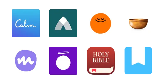 A grid of eight app icons related to meditation and spirituality, including blue, orange, and red color themes. Each icon has unique symbols like a bowl, halo, and a book.