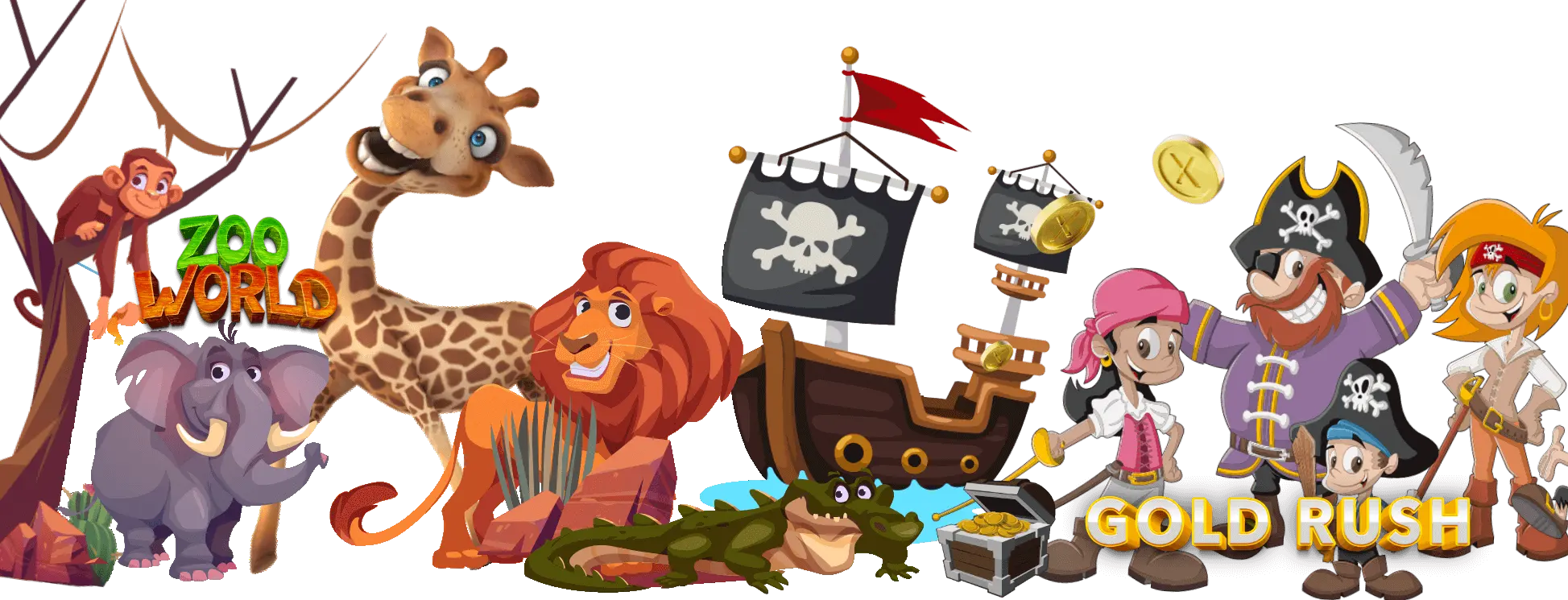 Illustration featuring cartoon zoo animals like a monkey, giraffe, elephant, and lion on the left with the text Zoo World. On the right, cartoon pirates, a ship, and treasure with the text Gold Rush.