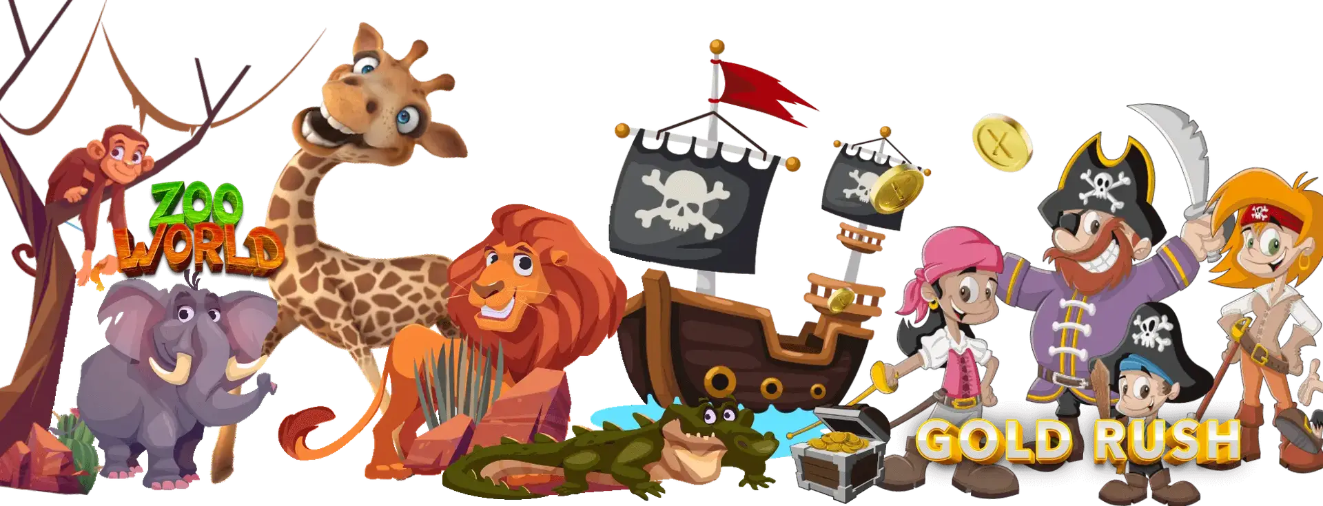 Illustration featuring cartoon zoo animals like a monkey, giraffe, elephant, and lion on the left with the text Zoo World. On the right, cartoon pirates, a ship, and treasure with the text Gold Rush.