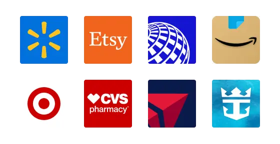 A grid of eight logos: Walmart, Etsy, United Airlines, Amazon, Target, CVS Pharmacy, Delta Air Lines, and Royal Caribbean. Each logo is within a square tile featuring distinct brand colors and symbols.