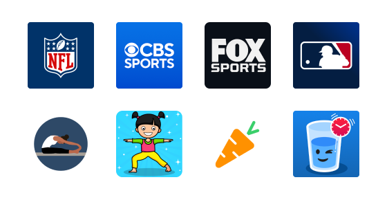 Icons of NFL, CBS Sports, Fox Sports, and MLB are displayed on top. Below are icons of a person doing yoga, a cartoon girl in a yoga pose, a carrot, and a glass of water with a timer.