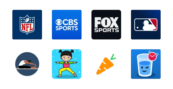 Icons of NFL, CBS Sports, Fox Sports, and MLB are displayed on top. Below are icons of a person doing yoga, a cartoon girl in a yoga pose, a carrot, and a glass of water with a timer.