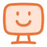 A stylized illustration of a smiling face on a square shape, outlined in orange, resembling a television or monitor screen. The simple eyes and curved mouth reflect both friendly expression and an understanding of technologys impact on teen mental health.