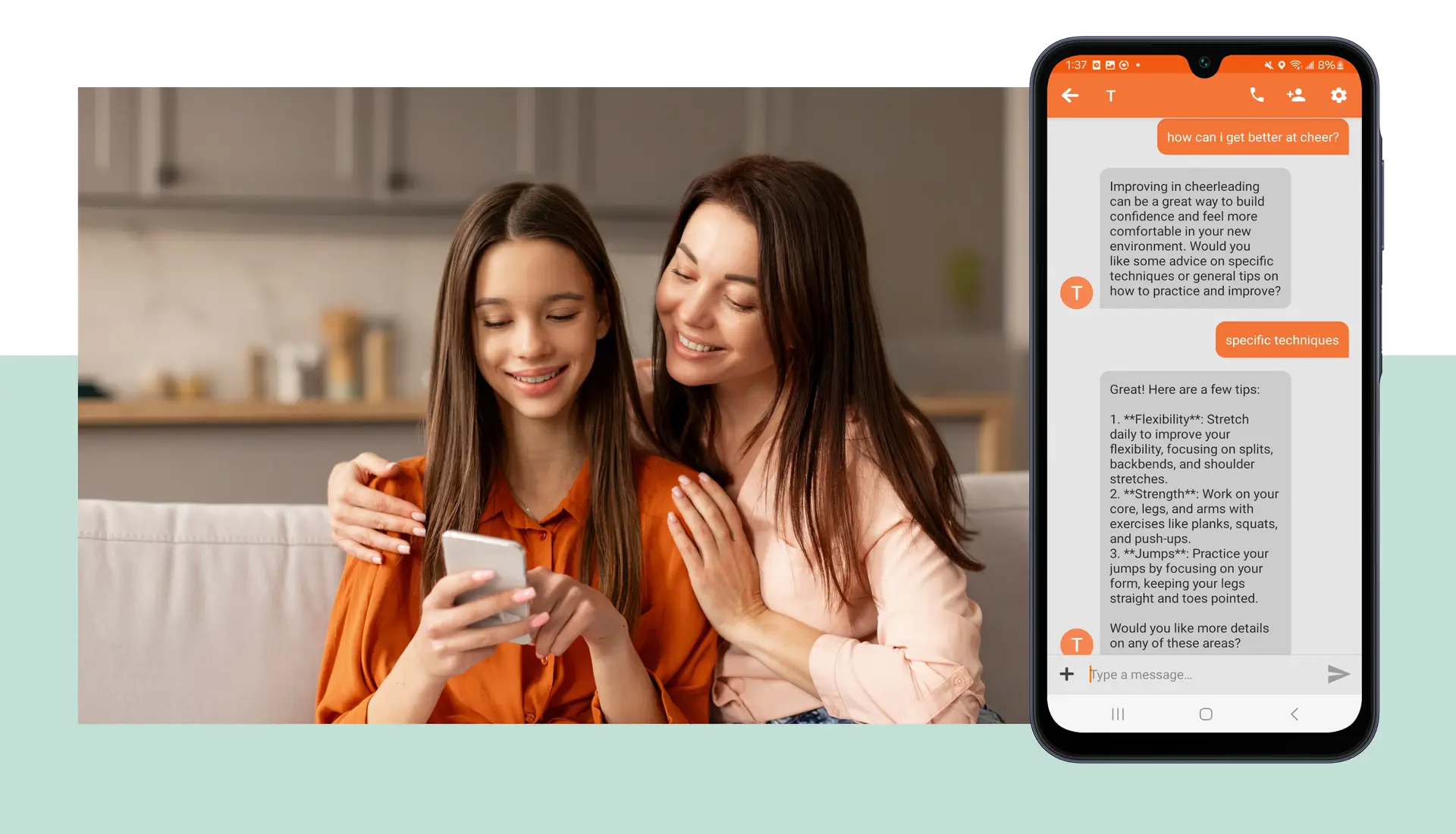 A woman and a teenage girl sit on a couch, smiling while looking at a smartphone. Next to them is a mock-up image of a mobile phone screen using Troodi AI to enhance their text conversation about improving cheerleading skills.