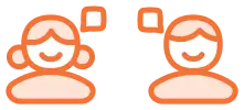 Two simple, stylized figures with rounded features are smiling, engaging in a lively discussion. Each has a speech bubble above their head, hinting at a conversation about understanding technology. Outlined in orange with white faces and hair, they reflect insights into teen mental health.