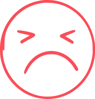 A red sad face emoji with eyes closed and a downturned mouth, conveying teen mental health challenges with distress or dissatisfaction. This simple line drawing highlights the importance of understanding technologys impact, set against a plain background.