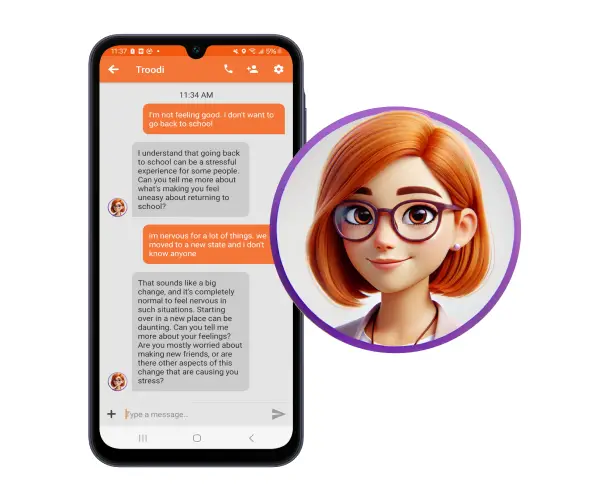 A smartphone screen displaying a chat with Troodi. The messages discuss feelings about going back to school and adjusting to a new state. Next to the phone is an illustrated avatar of a person with red hair and glasses.