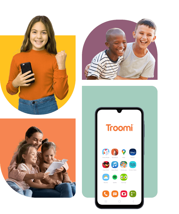 Collage featuring a girl with a phone, two boys laughing, and a woman with two children reading together. Centered is a smartphone displaying a variety of colorful app icons.