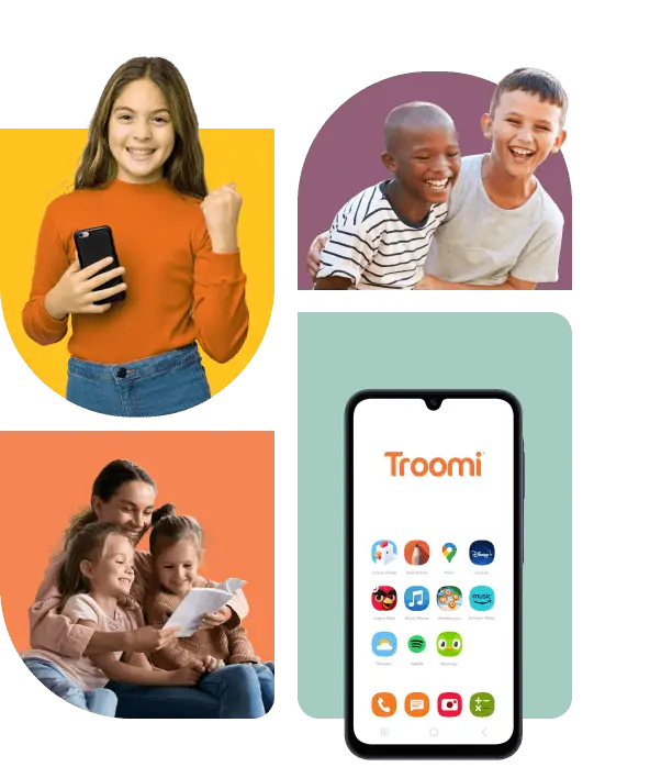 Collage featuring a girl with a phone, two boys laughing, and a woman with two children reading together. Centered is a smartphone displaying a variety of colorful app icons.