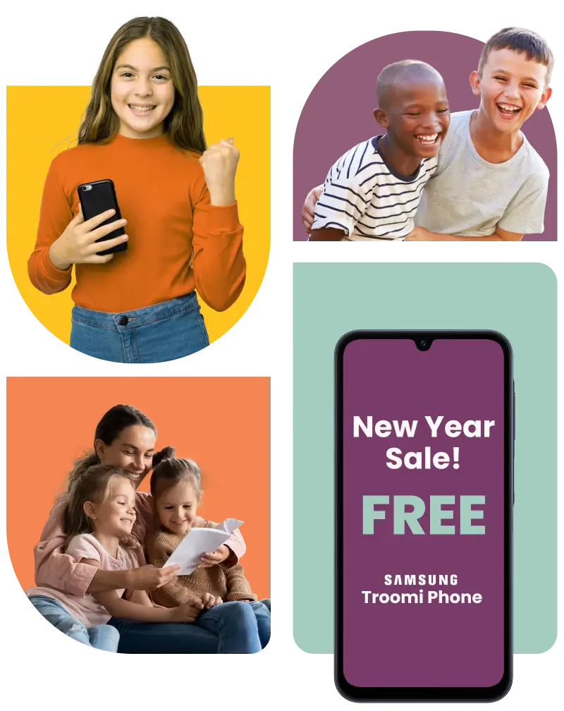 Collage featuring a girl holding a Troomi phone, two boys laughing, a woman reading with two children, and a phone displaying New Year Sale! Free Samsung Troomi Phone text.