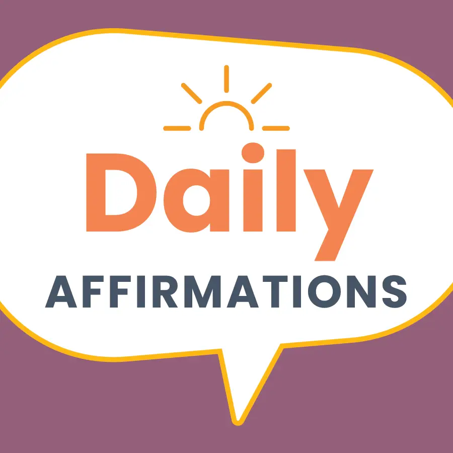 A speech bubble with the text Daily Affirmations in bold letters. Above Daily is a small sun icon. The background is purple, and the bubble has a yellow outline.