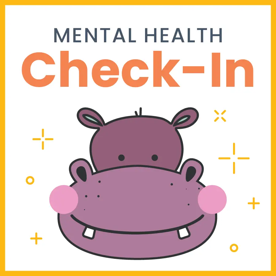 Illustration of a smiling purple hippo with Mental Health Check-In written above it. The background is white, adorned with small yellow and orange star-like shapes.