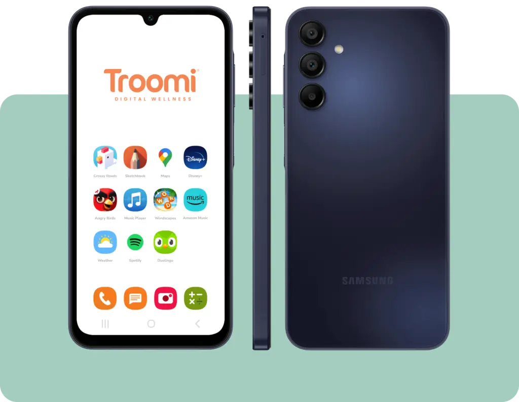 A smartphone displaying a variety of app icons on the screen, including messaging, maps, and streaming services. The back of the phone, shown alongside, features a triple camera setup.