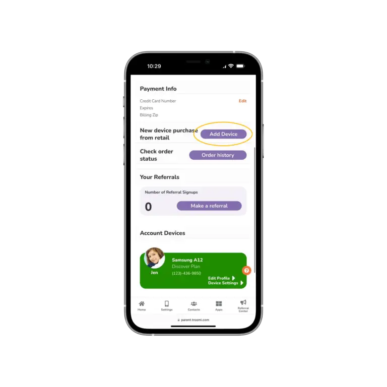 A smartphone displaying a user interface of an app. The screen shows sections for payment info, new device purchase, referral status, and account devices. The highlighted buttons are Add Device and Order history, with a contact for Jen under devices.