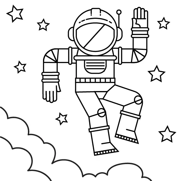 Illustration of an astronaut floating in space, surrounded by stars, with clouds at the bottom. The astronaut is waving and wearing a spacesuit with a helmet. The image is in black and white line art style.