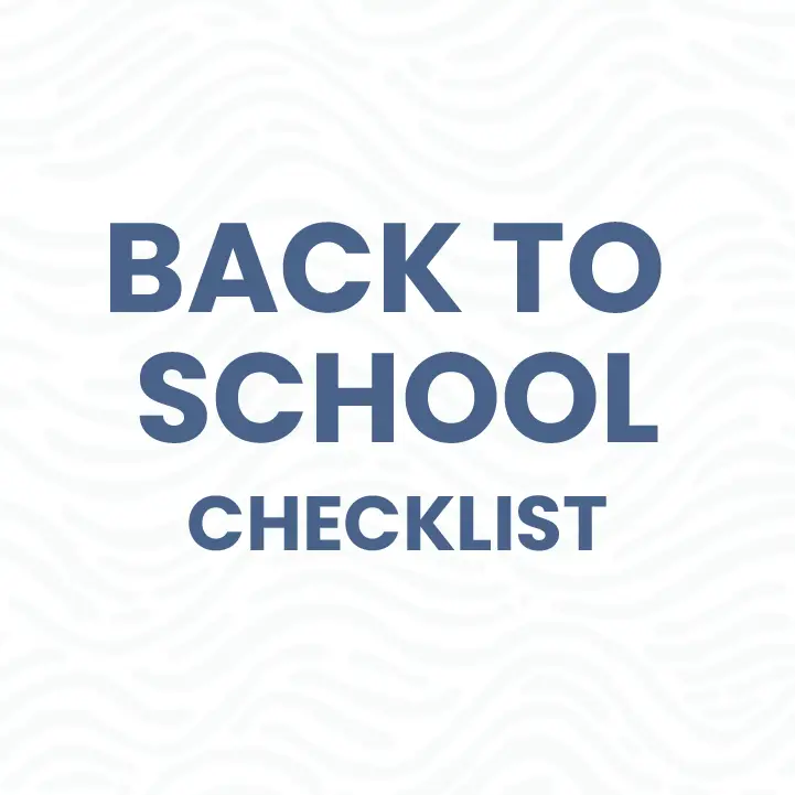 Text on a light patterned background reads Back to School Checklist in large blue letters.