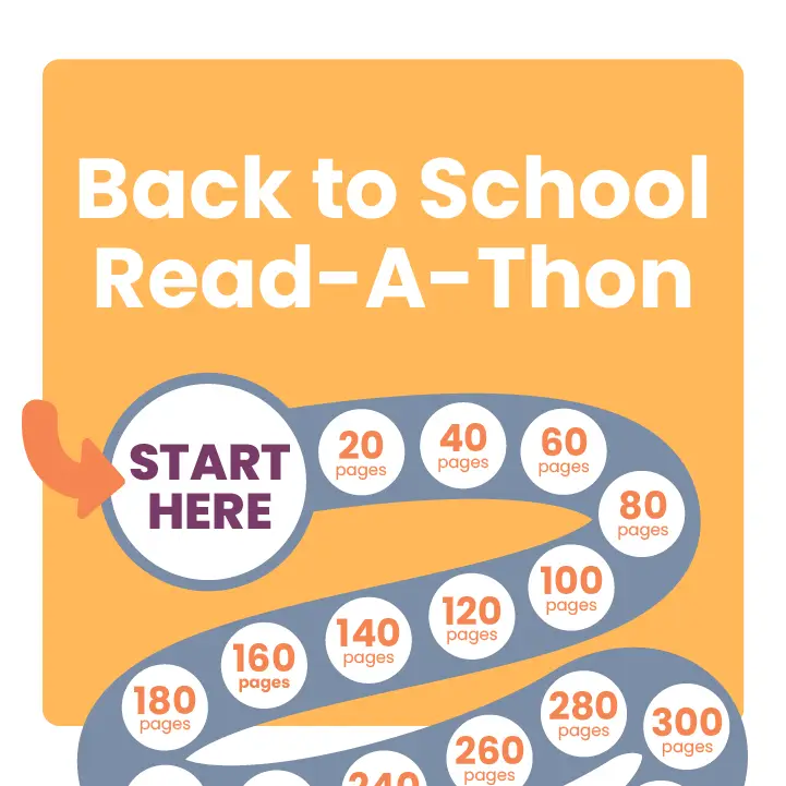 A colorful board game design for a Back to School Read-A-Thon with a path starting at Start Here and progressing through milestones from 20 to 300 pages. The background is orange with a white section for the path.