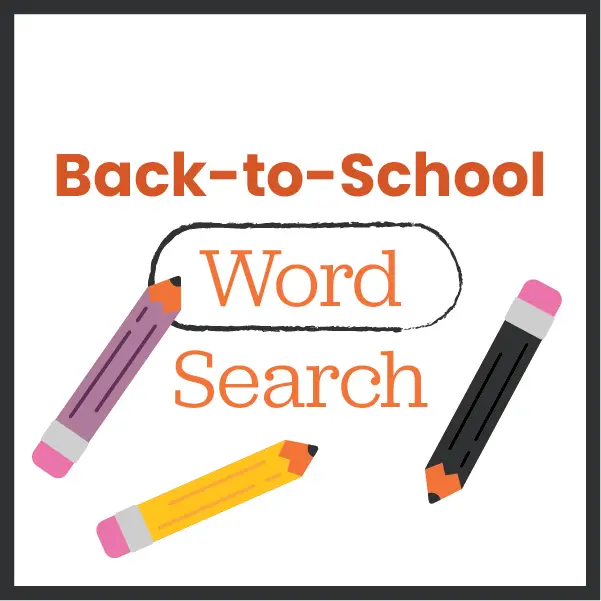 Illustration of a Back-to-School Word Search title surrounded by colorful pencils—purple, yellow, black, and pink—on a white background.