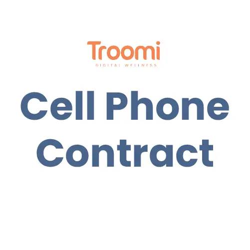 The image displays Troomi Digital Wellness in orange at the top, with Cell Phone Contract boldly centered in blue beneath it. The white background complements the text, highlighting Troomis commitment to offering downloadable resources for digital safety.