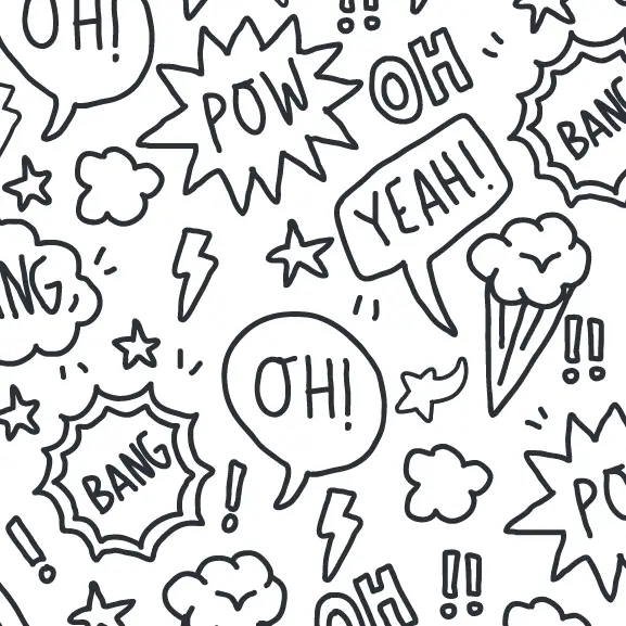 A pattern of hand-drawn doodles featuring speech bubbles with words like POW, BANG, YEAH, and OH! alongside symbols such as stars, lightning bolts, clouds, and exclamation marks on a white background.