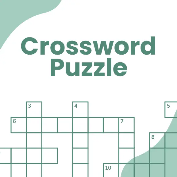 A green and white crossword puzzle image with the words Crossword Puzzle at the top. Puzzle grid below has numbered sections and abstract design elements in the corners.