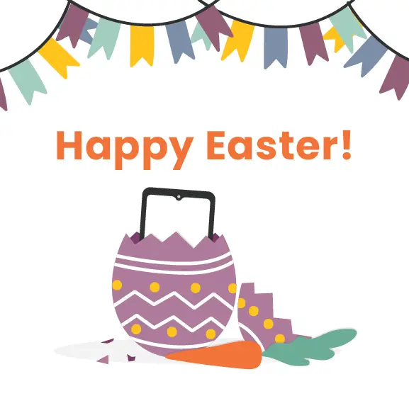 An illustration with a banner of colorful flags at the top and the text Happy Easter! in orange. Below, a broken purple Easter egg with decorative patterns and a carrot beside it.